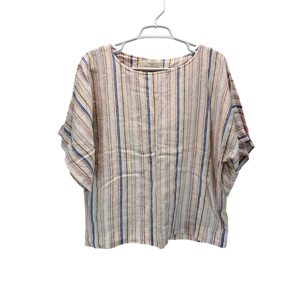 Trovata Birds of Paradise Pastel Striped Linen Blouse Short Sleeve S